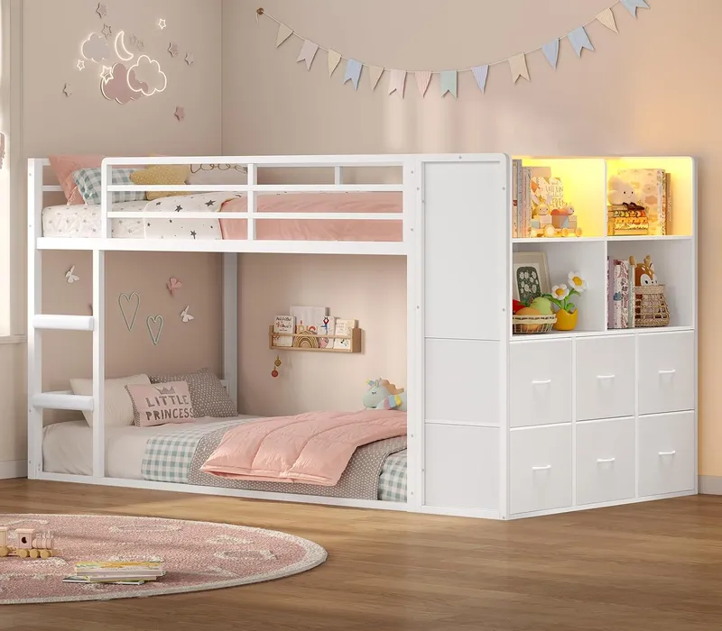 BTHFST Bunk Bed Twin Over Twin with 6 Large Fabric Drawers & 4 Wooden Storage Bookshelf Organizer