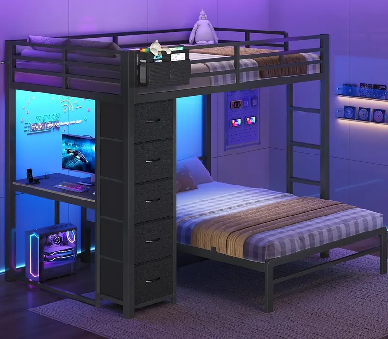 BTHFST Bunk Bed with Desk, Full Over Full Bunk Beds with 5 Storage Drawers