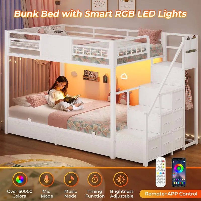 BTHFST LED Lights Twin Bunk Bed with 2 Storage Drawers
