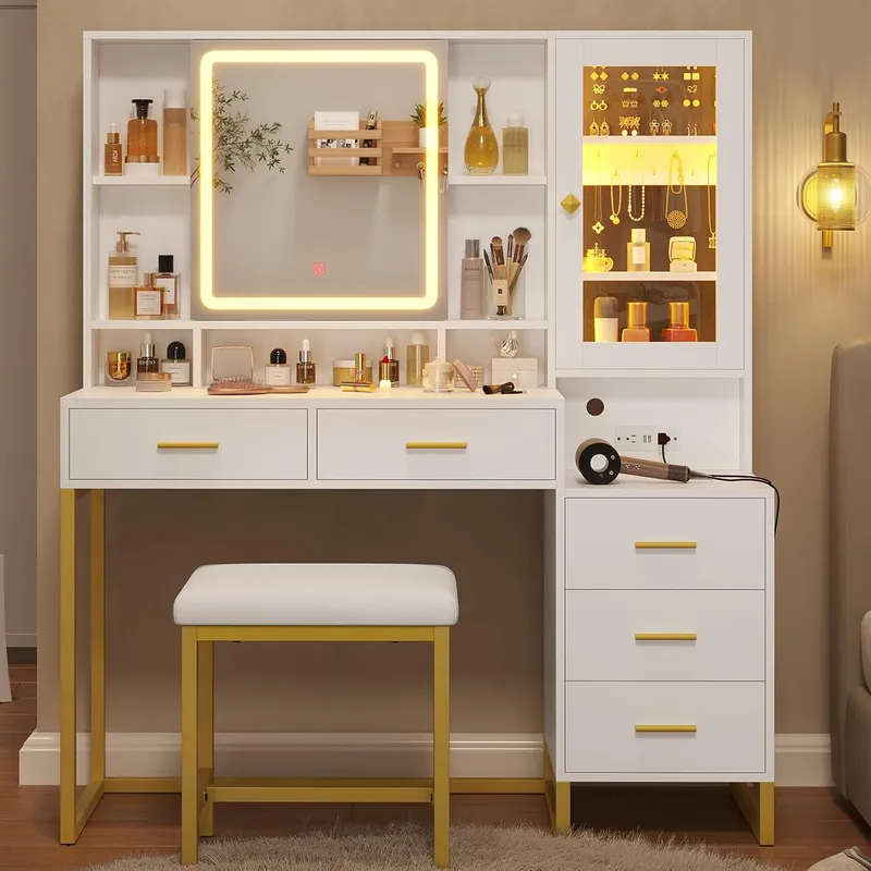 BTHFST Makeup Vanity with Upholstered Stool & Charging Station