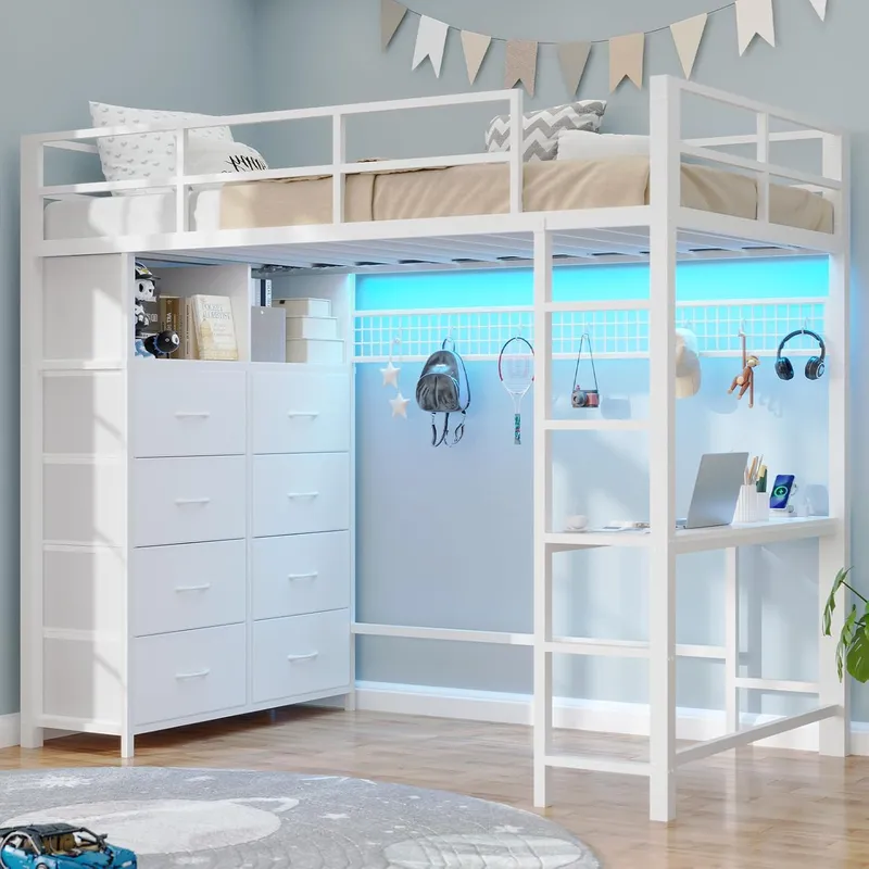 BTHFST Twin Loft Bed with Desk & 8 Storage Drawers Tall Dresser